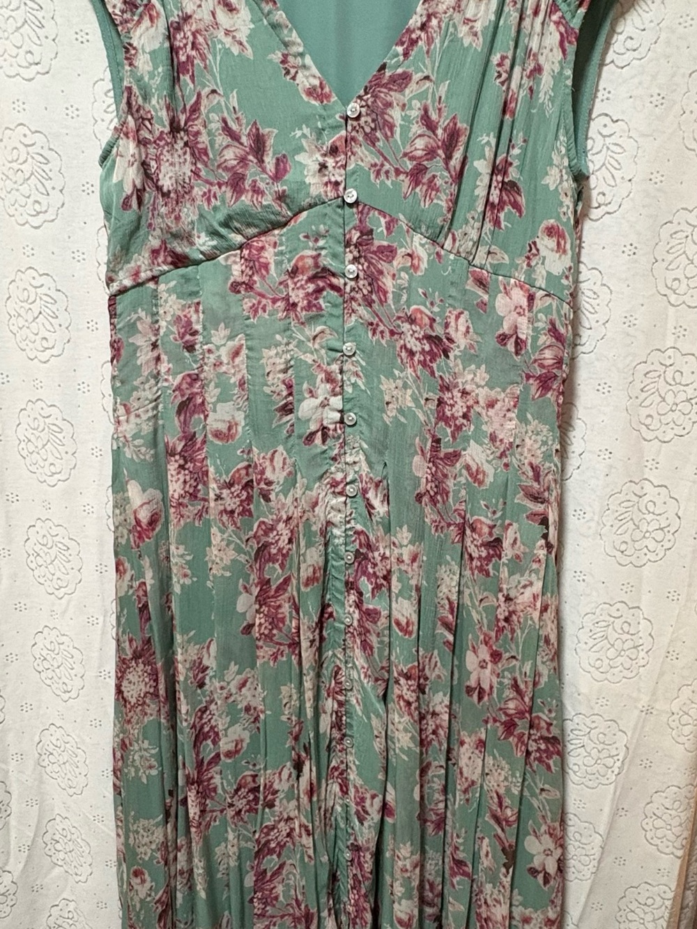 Lucky Brand Floral Midi Dress Green Purple Button Front Cap Sleeve Medium NWT